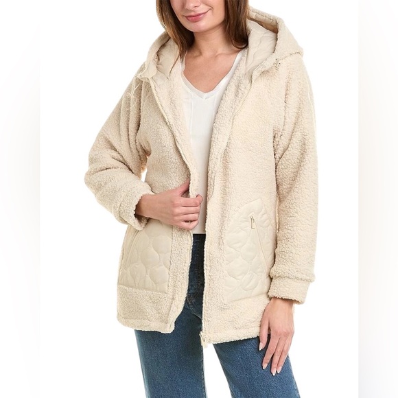 Hurley Jackets & Blazers - Hurley Cream Sherpa Quilted Hooded Jacket Oversized Cozy Fleece Puffer Hybrid L